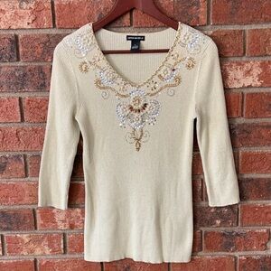 Lauren Michelle Vintage Gold Metallic Beaded Knit Sweater